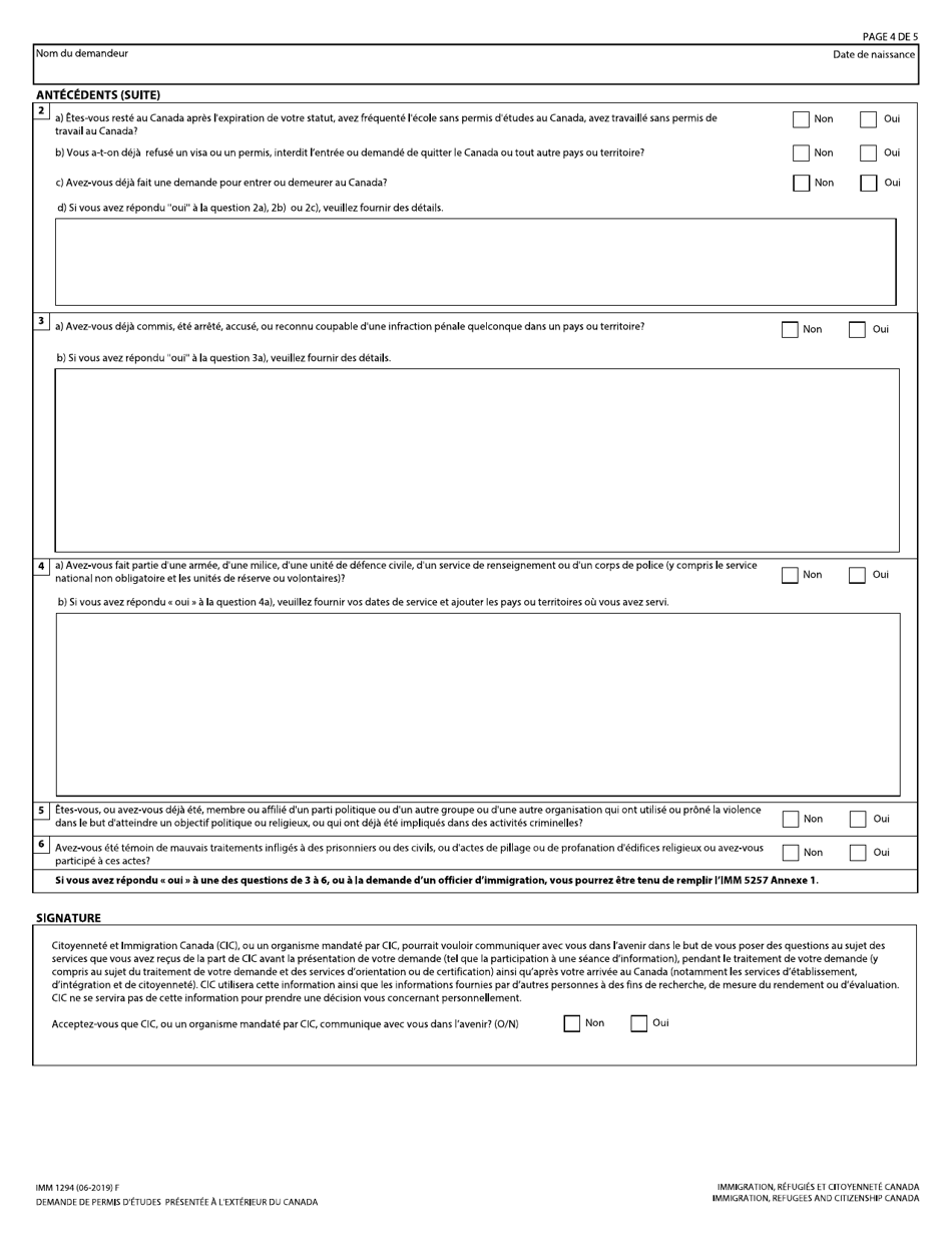 Forme IMM1294 - Fill Out, Sign Online And Download Fillable PDF, Canada ...