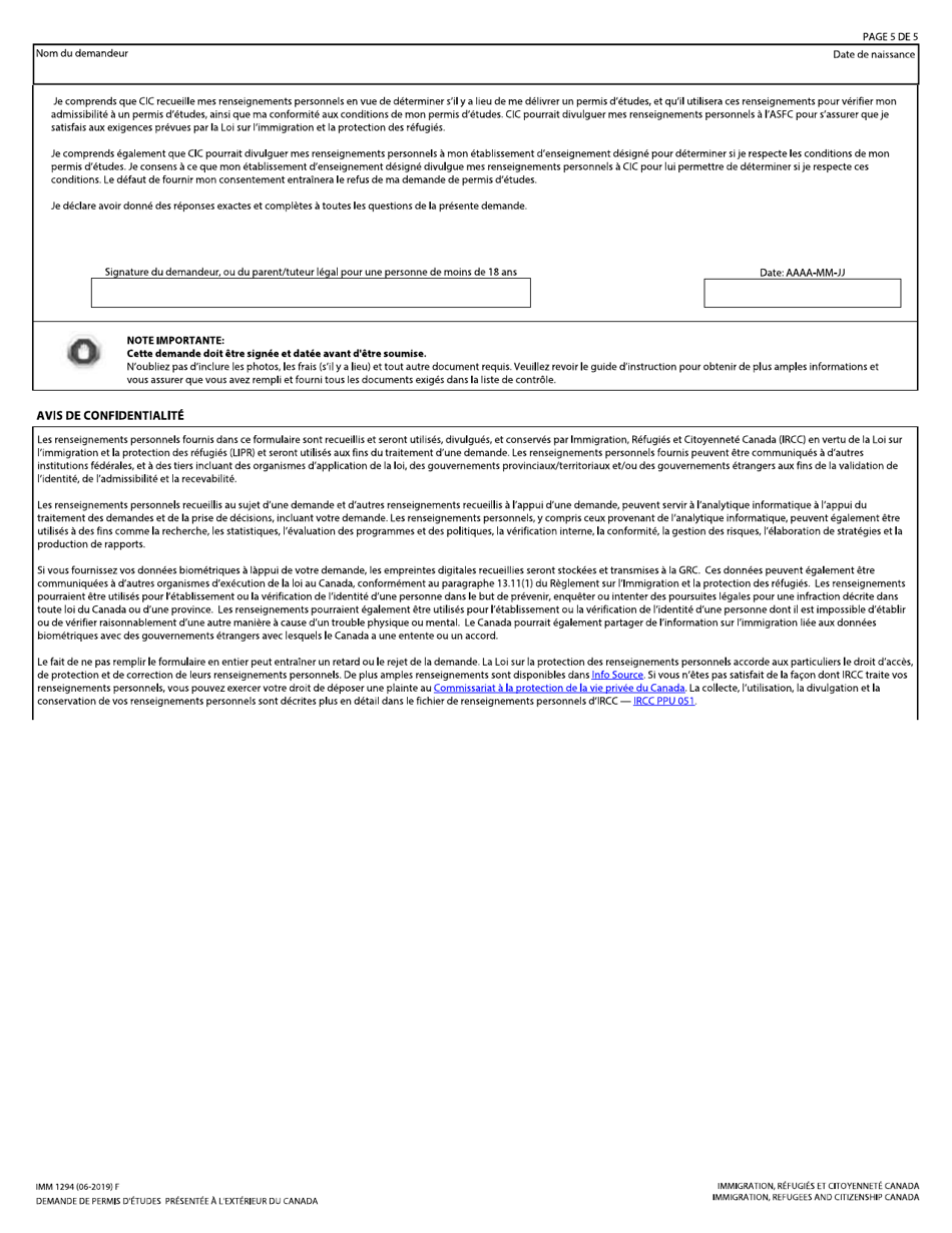 Forme IMM1294 Demande De Permis Detudes Presentee a Lexterieur Du Canada - Canada (French), Page 5