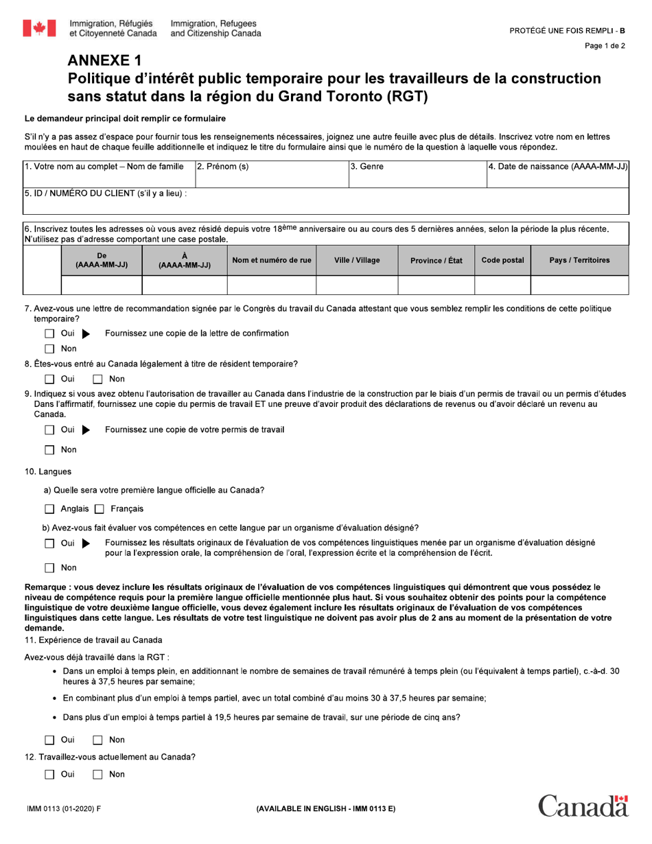 Forme IMM0113 Agenda 1 Politique Dinteret Public Temporaire Pour Les Travailleurs De La Construction Sans Statut Dans La Region Du Grand Toronto (Rgt) - Canada (French), Page 1