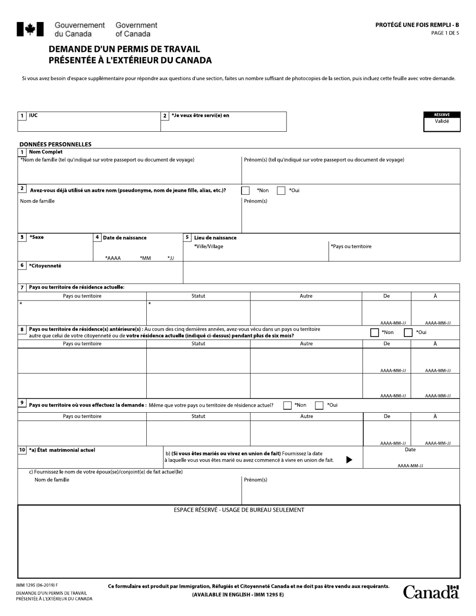 Forme IMM1295 Demande Dun Permis De Travail Presentee a Lexterieur Du Canada - Canada (French), Page 1