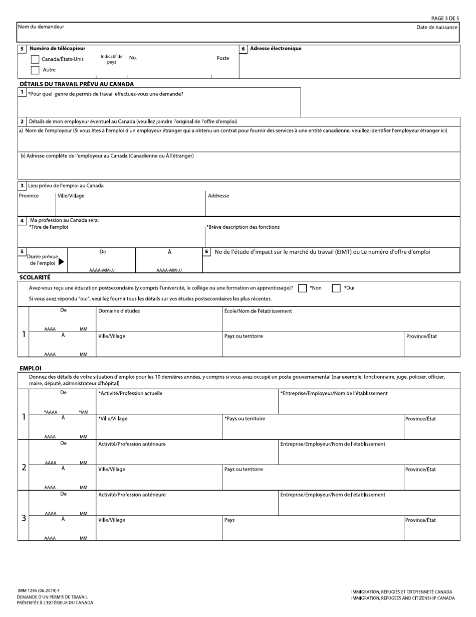 Forme IMM1295 Demande Dun Permis De Travail Presentee a Lexterieur Du Canada - Canada (French), Page 3