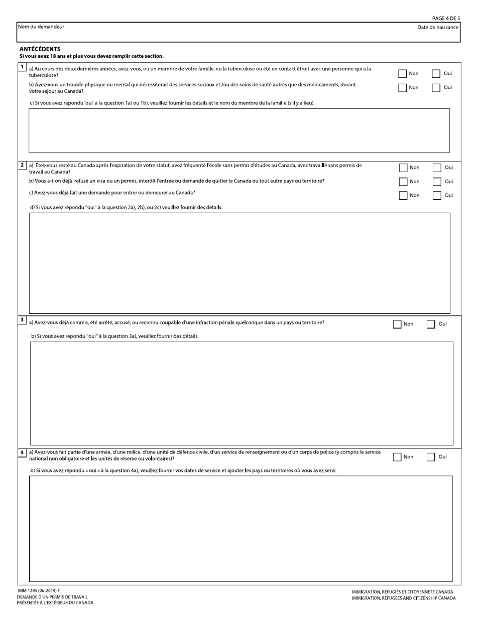Forme IMM1295 Demande Dun Permis De Travail Presentee a Lexterieur Du Canada - Canada (French), Page 4