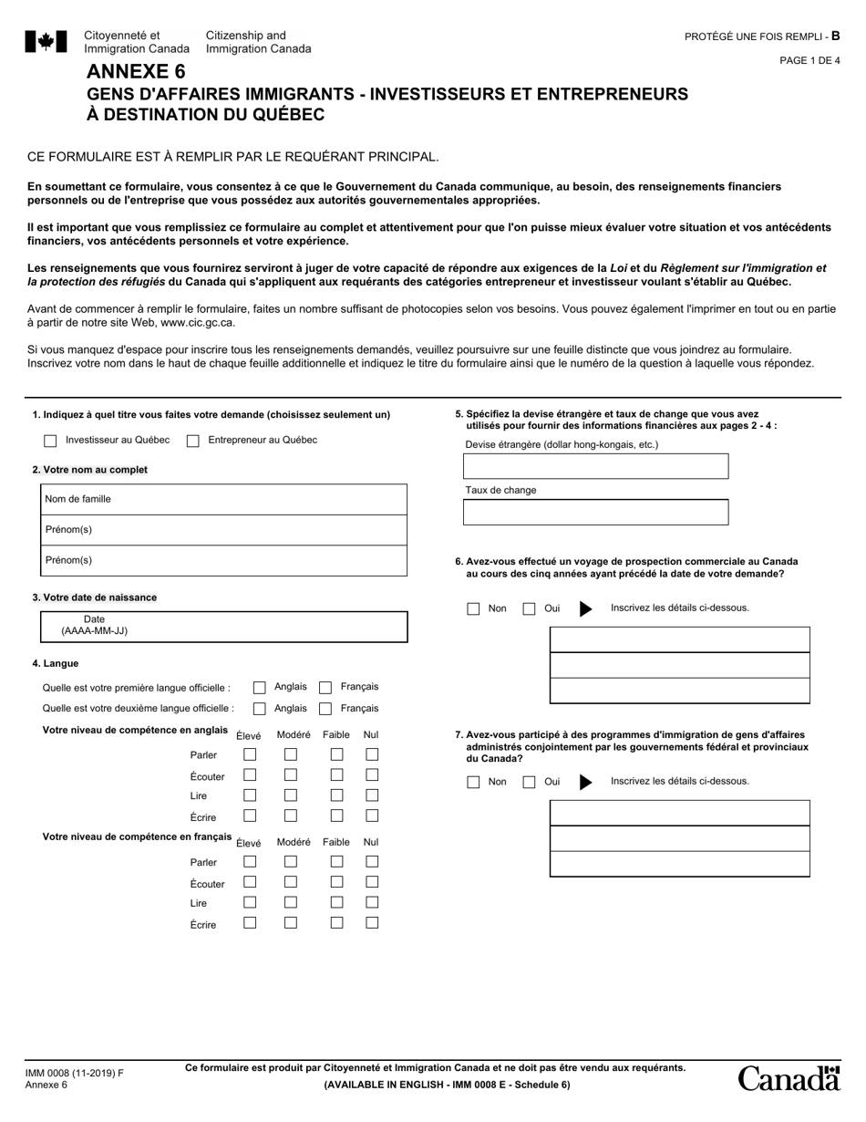 Forme IMM0008 Agenda 6 Gens Daffaires Immigrants - Investiseurs Et Entrepreneurs a Destination Du Quebec - Canada (French), Page 1
