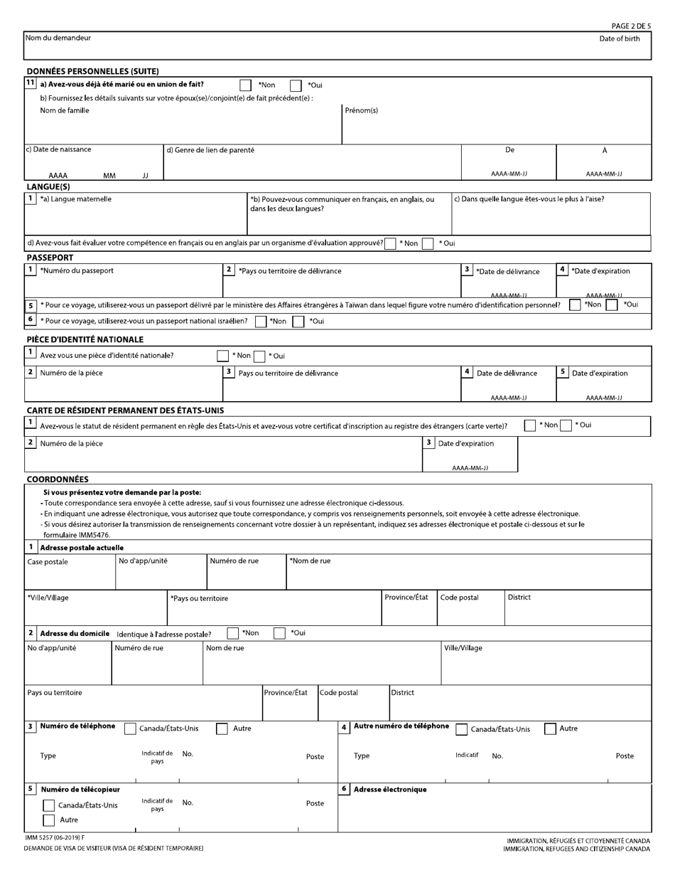 Forme IMM5257 Demande De Visa De Resident Temporaire - Canada (French), Page 2