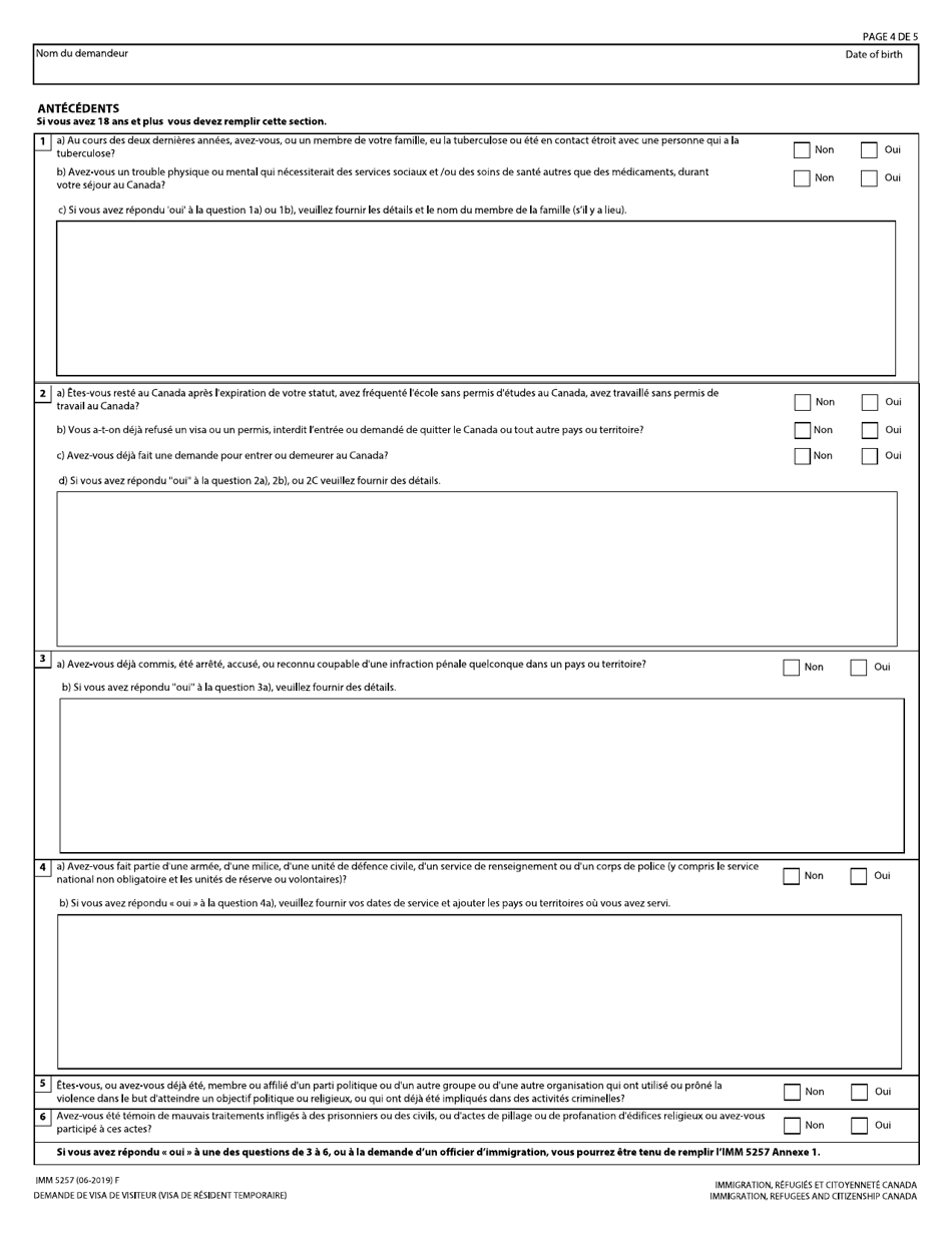 Forme IMM5257 Demande De Visa De Resident Temporaire - Canada (French), Page 4