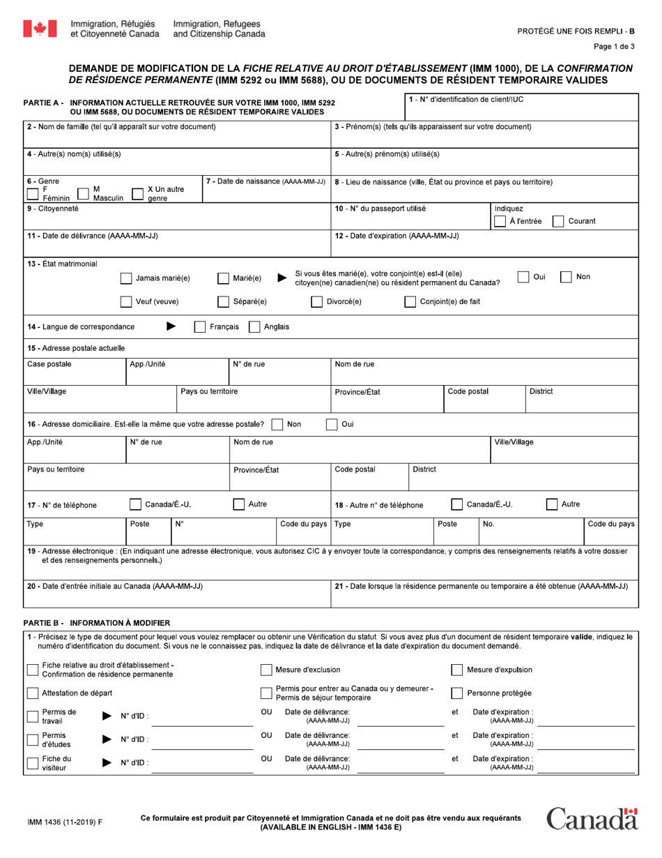 Forme IMM1436 Demande De Modification De La Fiche Relative Au Droit Detablissement, De La Confirmation De Residence Permanenete, Ou De Documents De Resident Temporaire Valides - Canada (French), Page 1