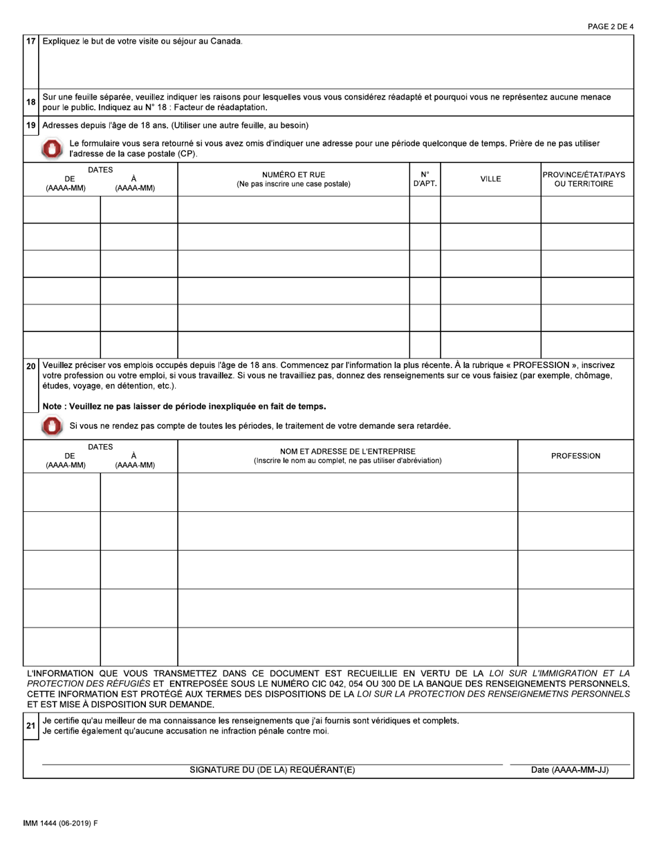 Forme IMM1444 Demande Dapprobation De La Readaptation - Canada (French), Page 2