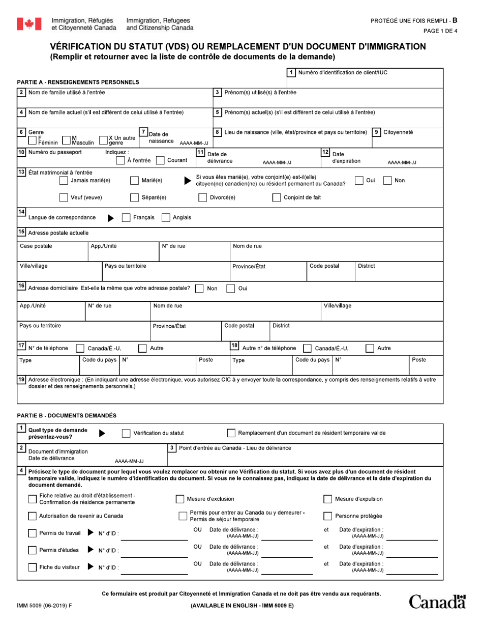 Forme IMM5009 Verification Du Statut Ou Remplacement Dun Document Dimmigration - Canada (French), Page 1