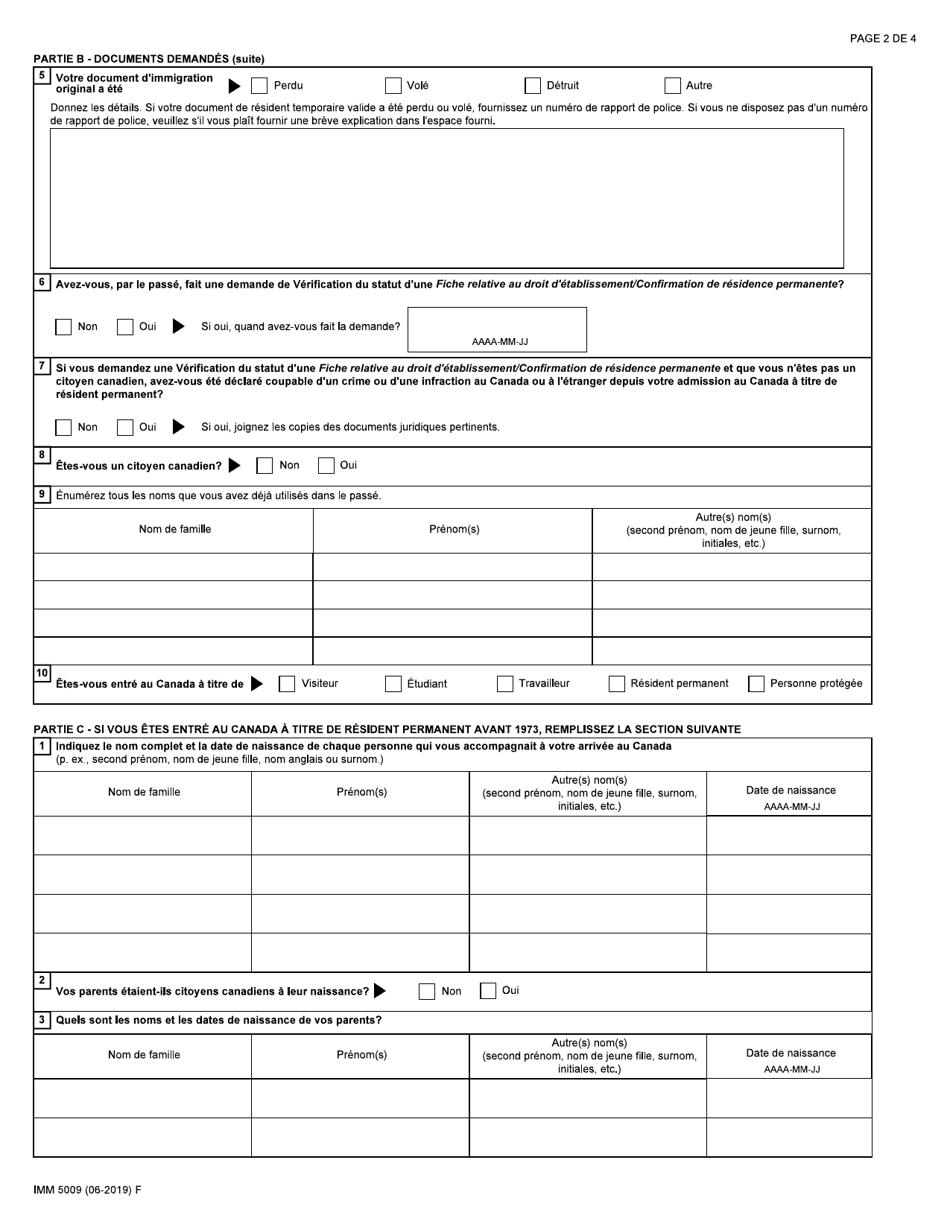 Forme IMM5009 Verification Du Statut Ou Remplacement Dun Document Dimmigration - Canada (French), Page 2