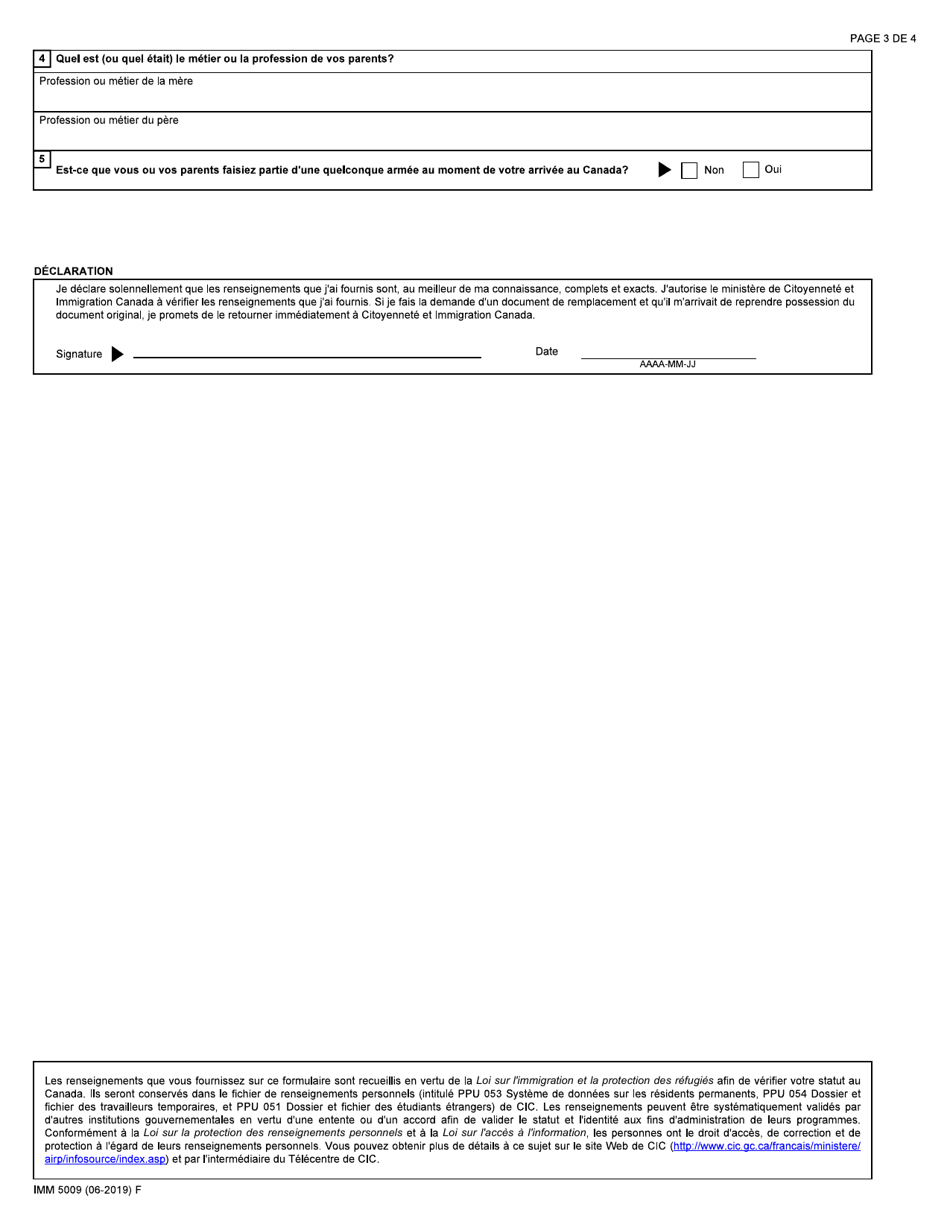 Forme IMM5009 Verification Du Statut Ou Remplacement Dun Document Dimmigration - Canada (French), Page 3