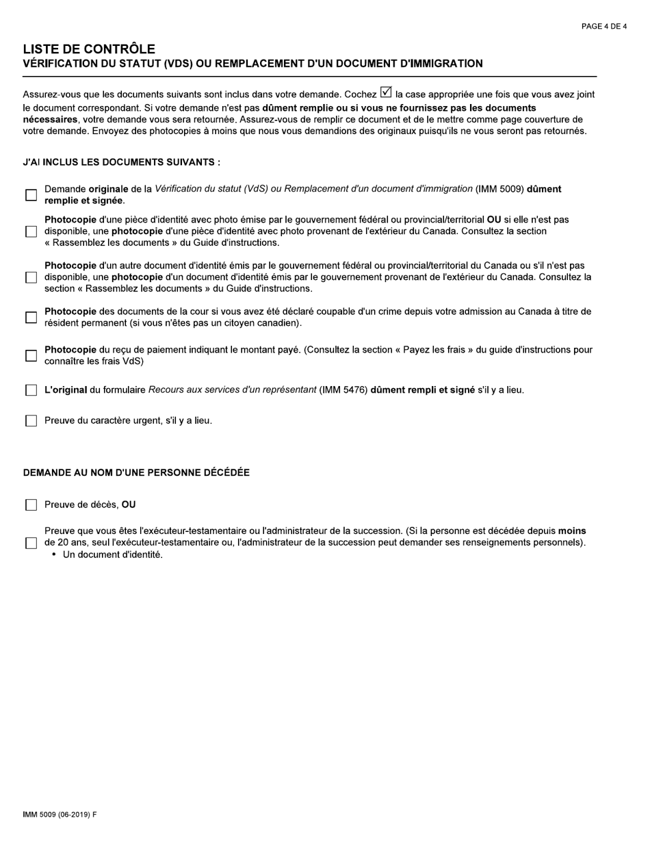 Forme IMM5009 Verification Du Statut Ou Remplacement Dun Document Dimmigration - Canada (French), Page 4