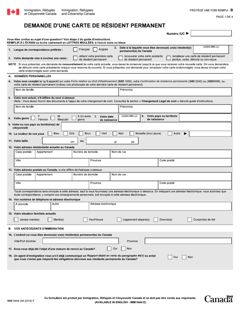 Forme Imm5444 Download Fillable Pdf Or Fill Online Demande D Une Carte De Resident Permanent Canada French Templateroller