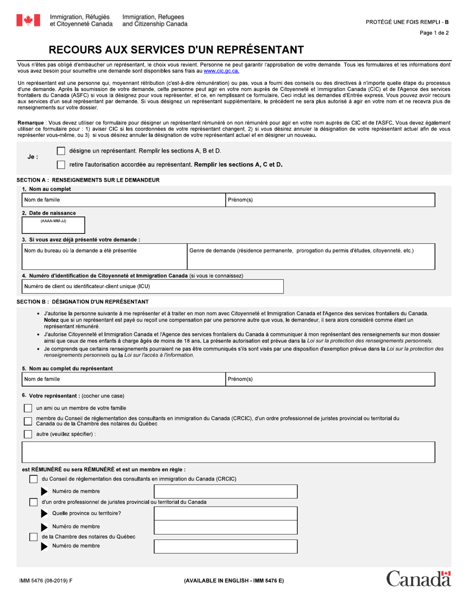 Forme IMM5476 Recours Aux Services Dun Representant - Canada (French), Page 1