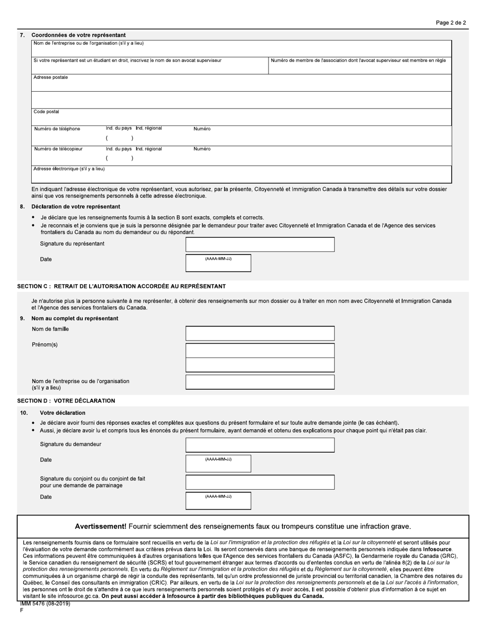 Forme IMM5476 Recours Aux Services Dun Representant - Canada (French), Page 2