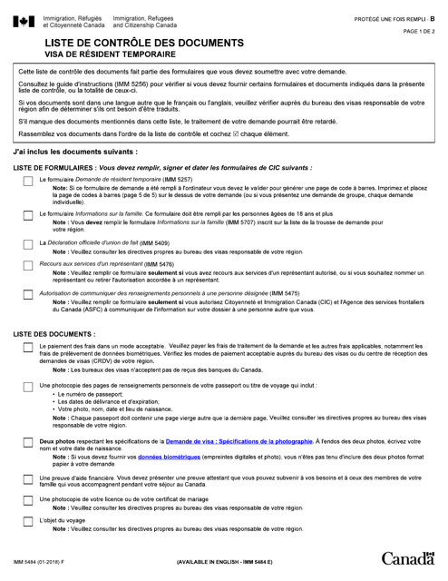 Forme IMM5484 Liste De Controle DES Documents - Visa De Resident Temporaire - Canada (French)