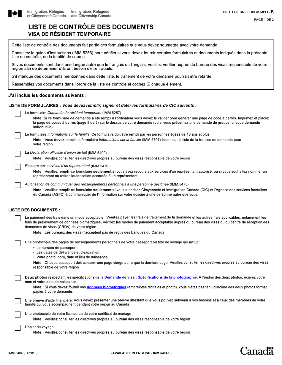 Forme IMM5484 Liste De Controle DES Documents - Visa De Resident Temporaire - Canada (French), Page 1