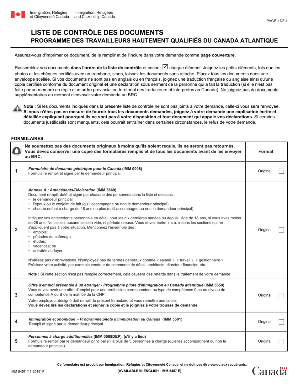 Forme Imm5457 Download Fillable Pdf Or Fill Online Liste De Controle Des Documents Programme Des Travailleurs Hautement Qualifies Du Canada Atlantique Canada French Templateroller