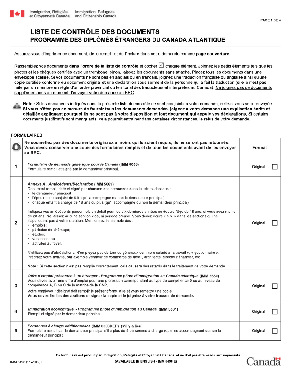 Forme IMM5498 Liste De Controle DES Documents - Programme DES Diplomes Etrangers Du Canada Atlantique - Canada (French), Page 1