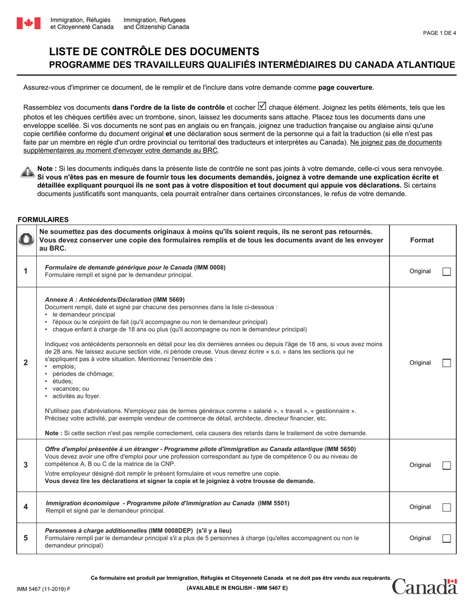Forme IMM5467 Liste De Controle DES Documents Programme DES Travailleurs Qualifies Intermediaires Du Canada Atlantique - Canada (French), Page 1