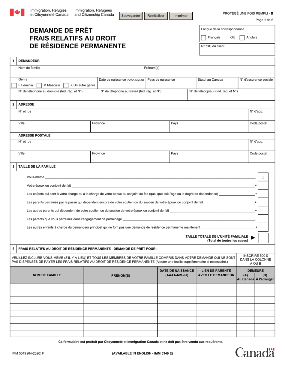 Forme Imm5349 Download Fillable Pdf Or Fill Online Demande De Pret Frais Relatifs Au Droit De Residence Permanente Canada French Templateroller