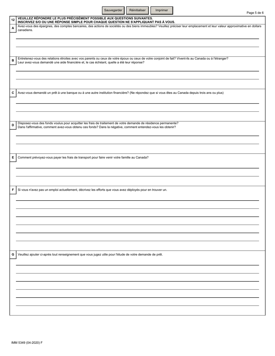 Forme IMM5349 Demande De Pret Frais Relatifs Au Droit De Residence Permanente - Canada (French), Page 5