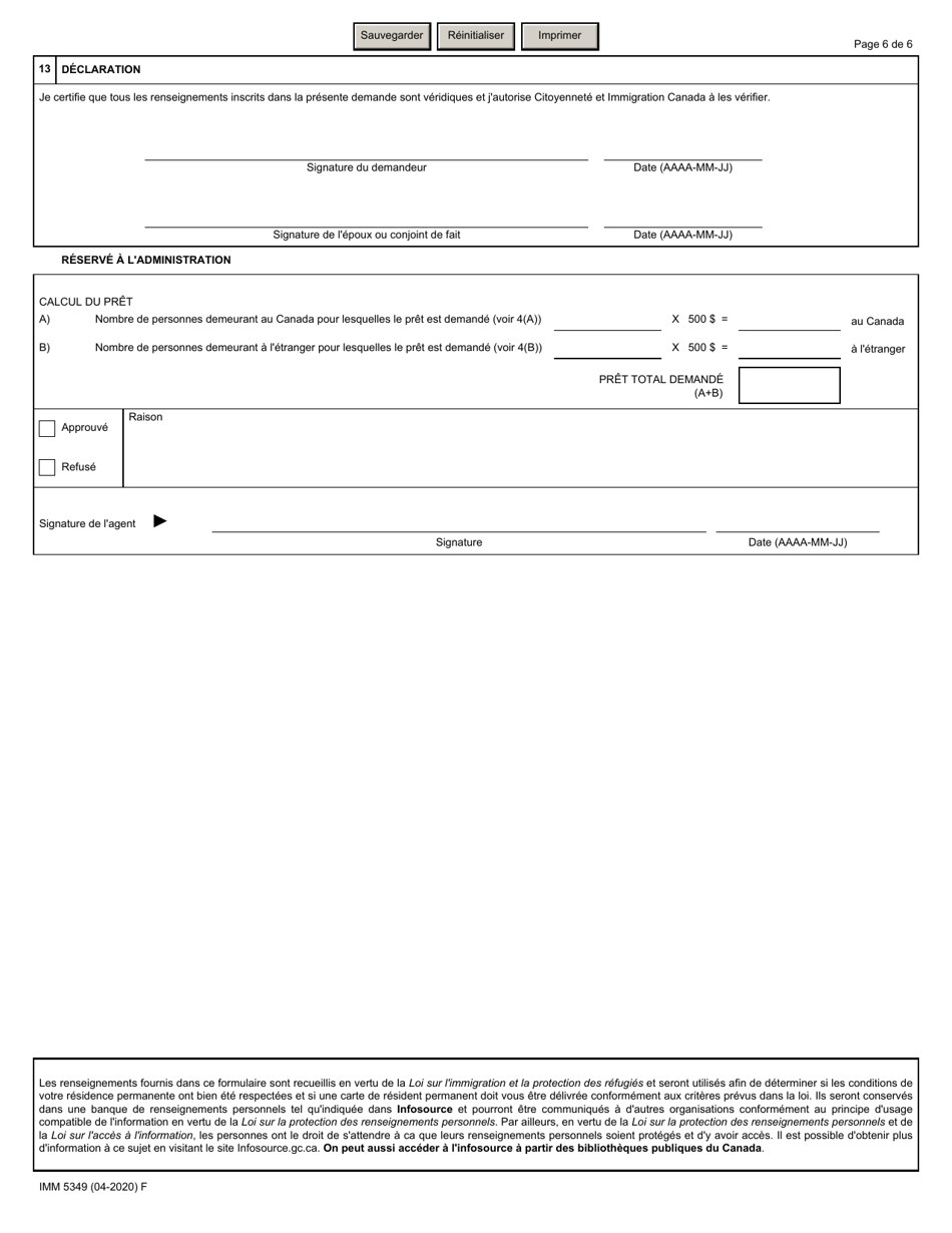 Forme IMM5349 Demande De Pret Frais Relatifs Au Droit De Residence Permanente - Canada (French), Page 6