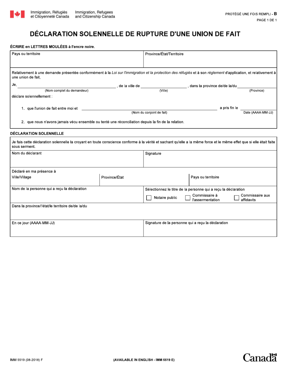 Forme IMM5519 Declaration Solennelle De Rupture Dune Union De Fait - Canada (French), Page 1