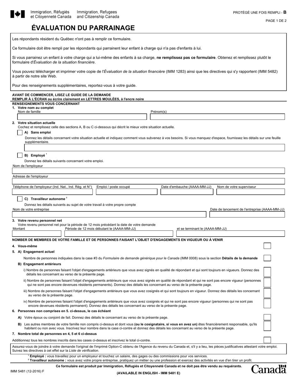 Forme Imm5481 Download Fillable Pdf Or Fill Online Evaluation Du Parrainage Canada French Templateroller