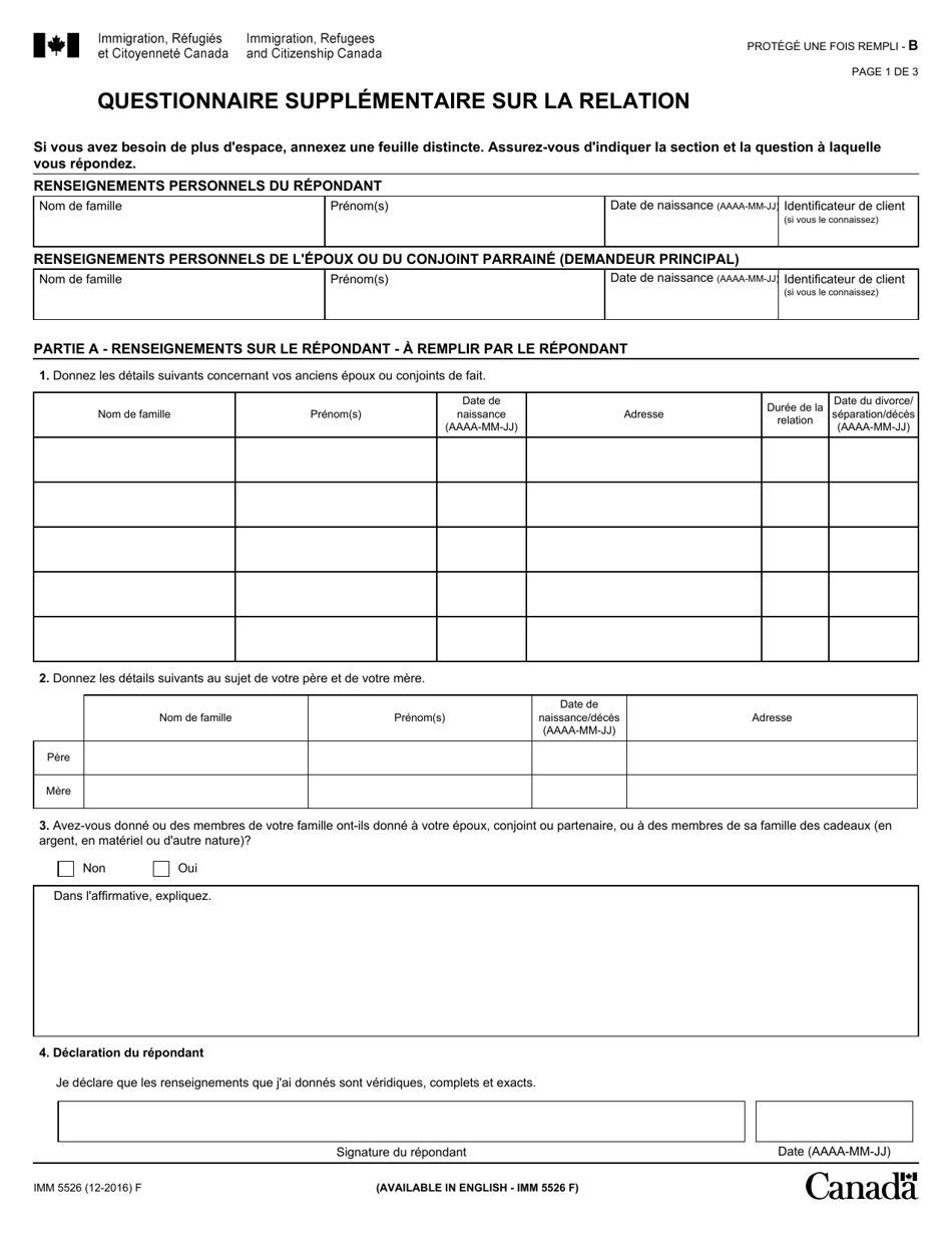 Forme IMM5526 Questionnaire Supplementaire Sur La Relation - Canada (French), Page 1