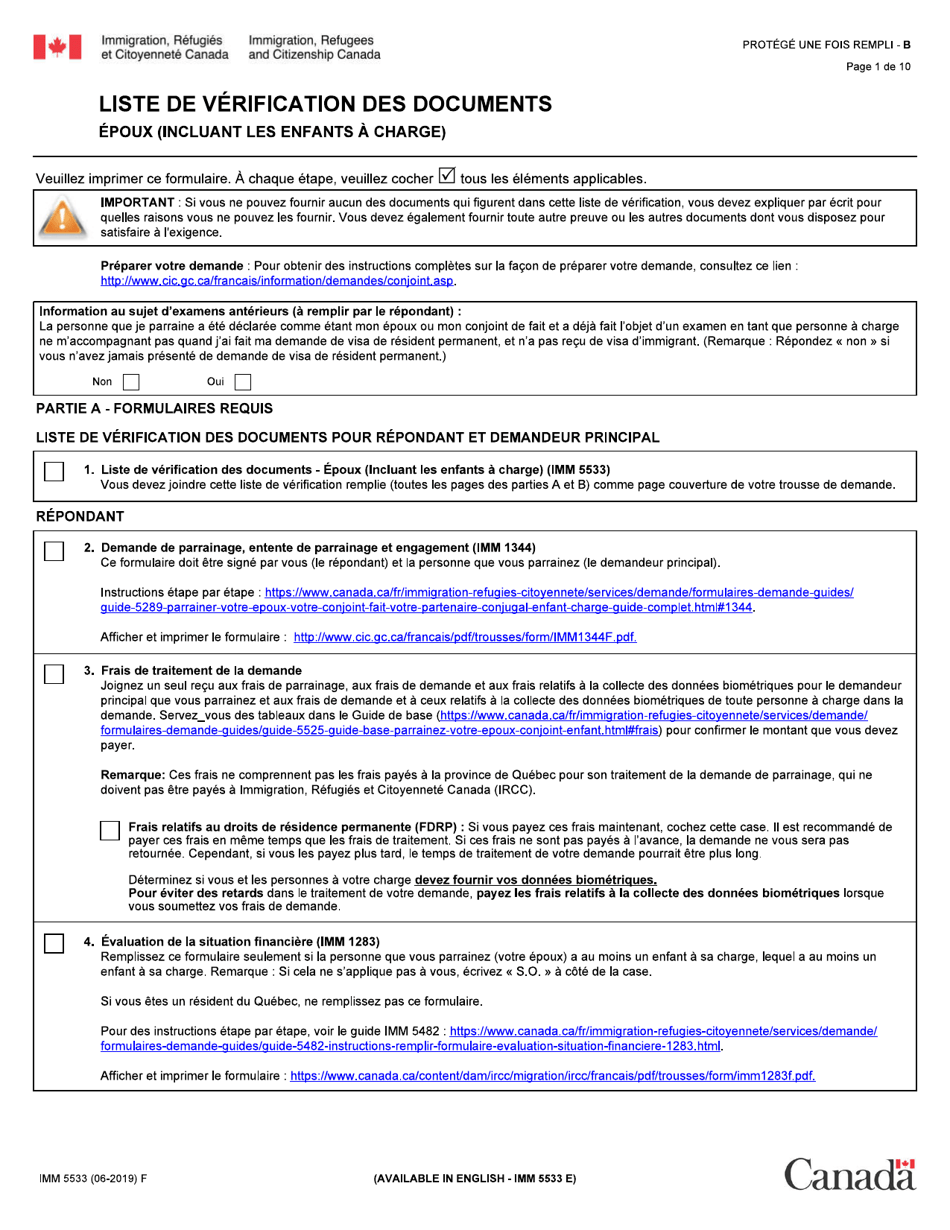 Forme IMM5533 Liste De Verification DES Documents - Epoux (Incluant Les Enfants a Charge) - Canada (French), Page 1