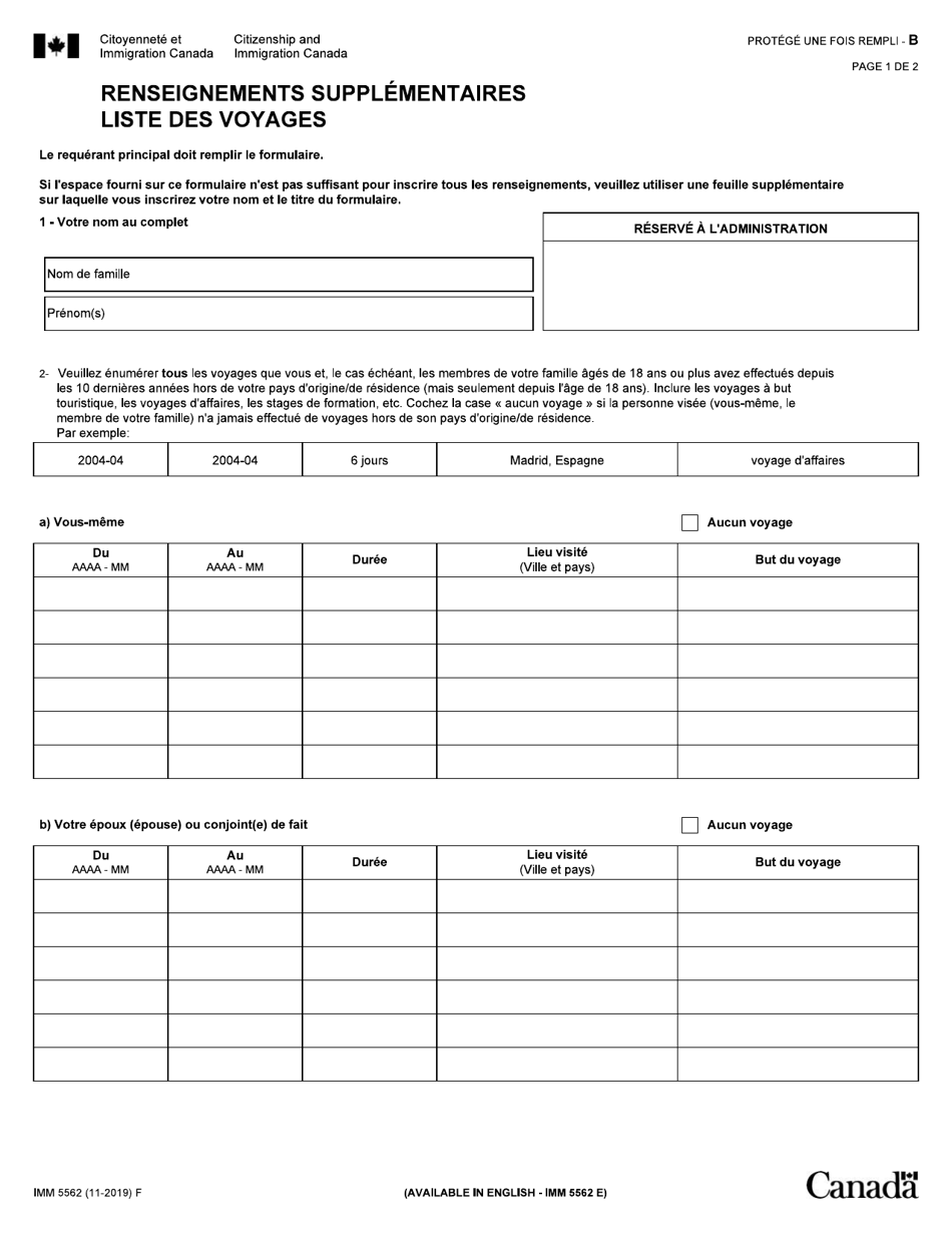 Forme IMM5562 Renseignements Supplementaires Liste DES Voyages - Canada (French), Page 1