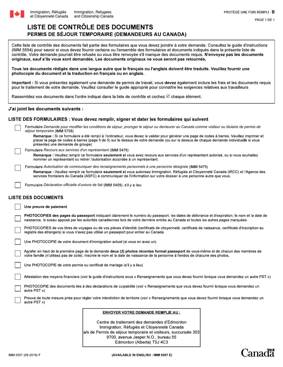 Forme IMM5557 Liste De Controle DES Documents - Permis De Sejour Temporaire (Demandeurs Au Canada) - Canada (French), Page 1
