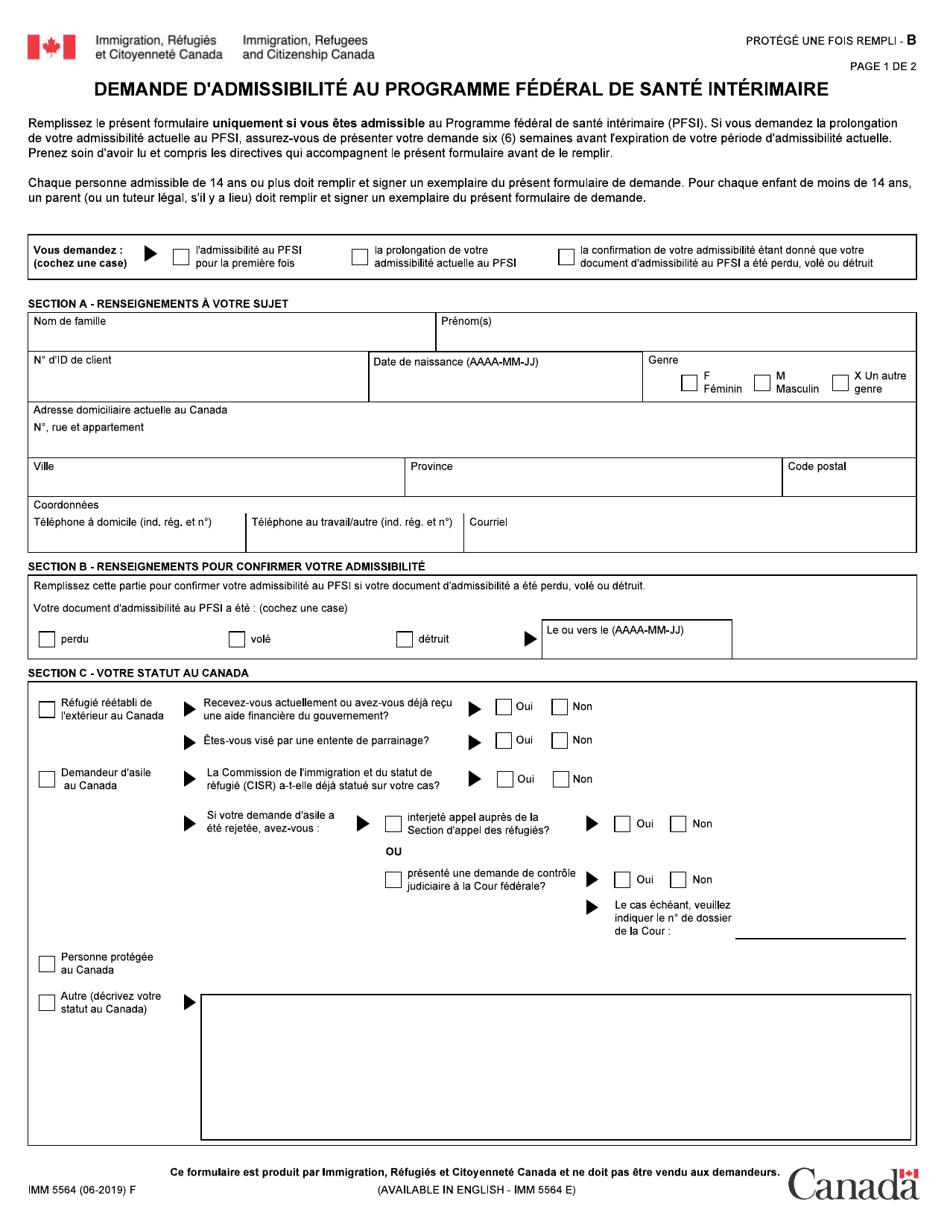 Forme IMM5564 Demande Dadmissibilite Au Programme Federal De Sante Interimaire - Canada (French), Page 1
