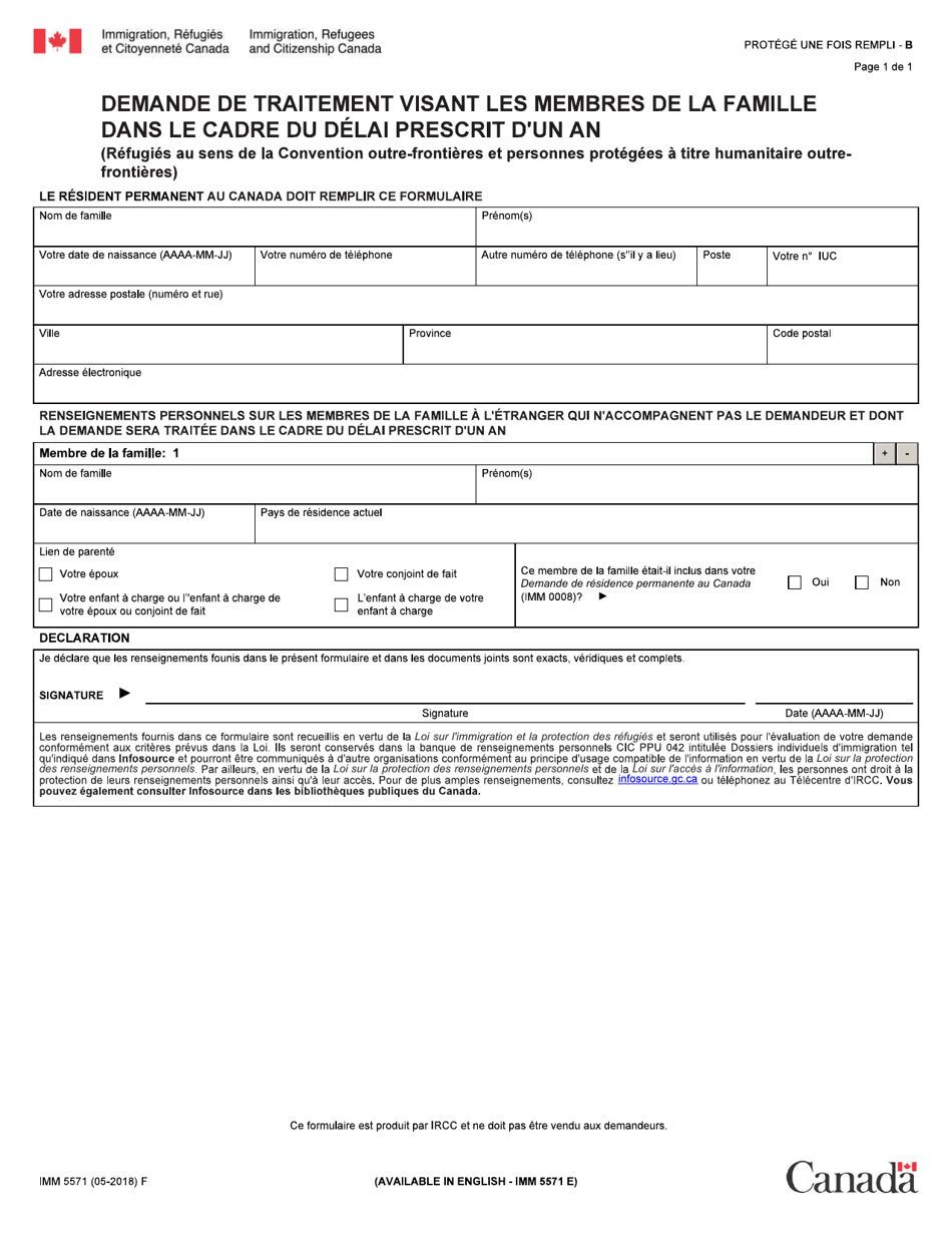 Forme IMM5571 Demande De Traitement Visant Les Membres De La Famille Dans Le Cadre Du Delai Prescrit Dun an - Canada (French), Page 1