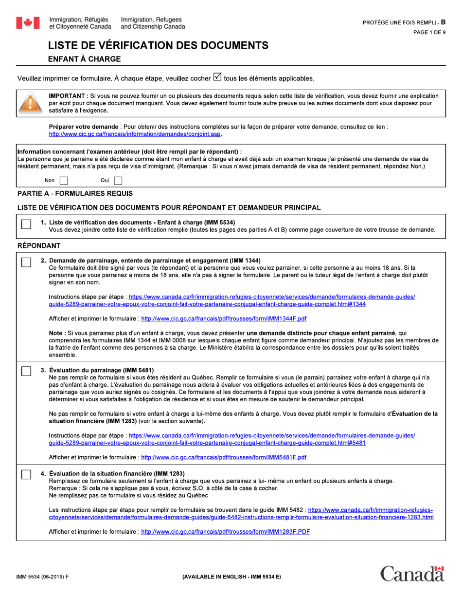 Forme IMM5534 Liste De Verification DES Documents - Enfant a Charge - Canada (French), Page 1