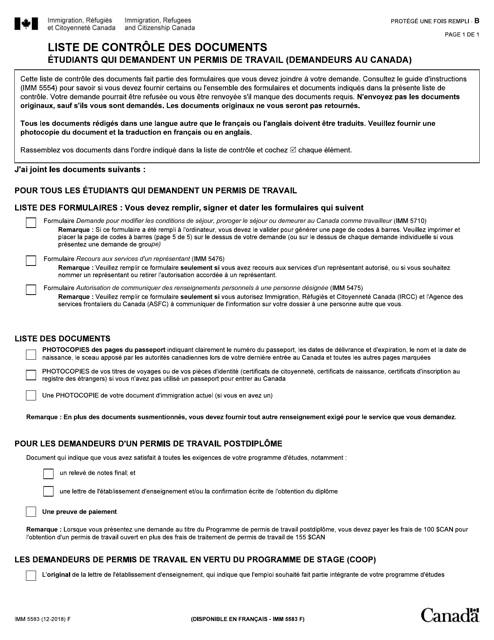 Forme IMM5583 Liste De Controle DES Documents - Etudiants Qui Demandent Un Permis De Travail (Demandeurs Au Canada) - Canada (French)