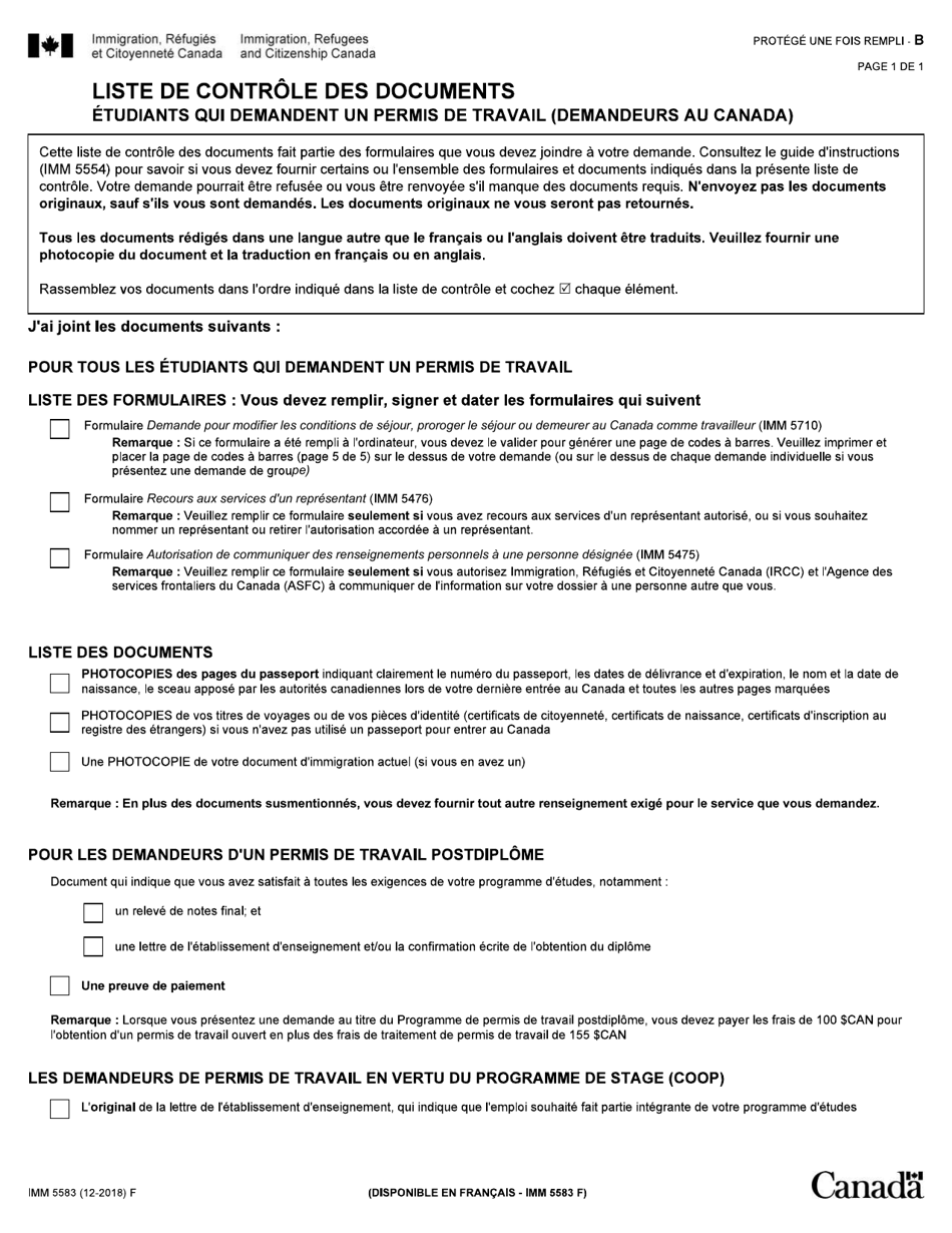 Forme IMM5583 Liste De Controle DES Documents - Etudiants Qui Demandent Un Permis De Travail (Demandeurs Au Canada) - Canada (French), Page 1