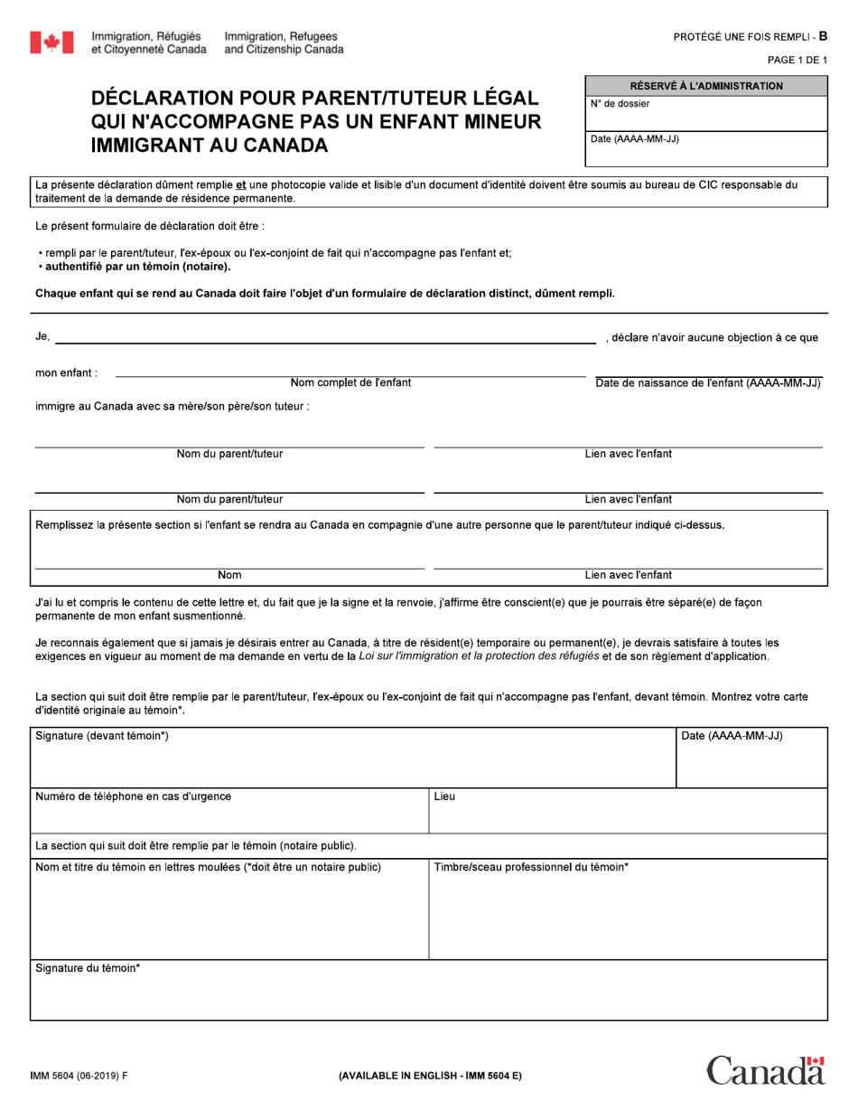 Forme IMM5604 Declaration Pour Parent / Tuteur Legal Qui Naccompagne Pas Un Enfant Mineur Immigrant Au Canada - Canada (French), Page 1