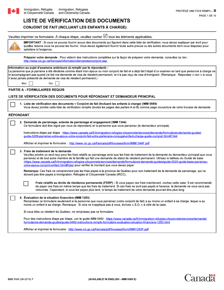 Forme IMM5589 Liste De Verification DES Documents - Conjoint De Fait (Incluant Les Enfants a Charge) - Canada (French), Page 1