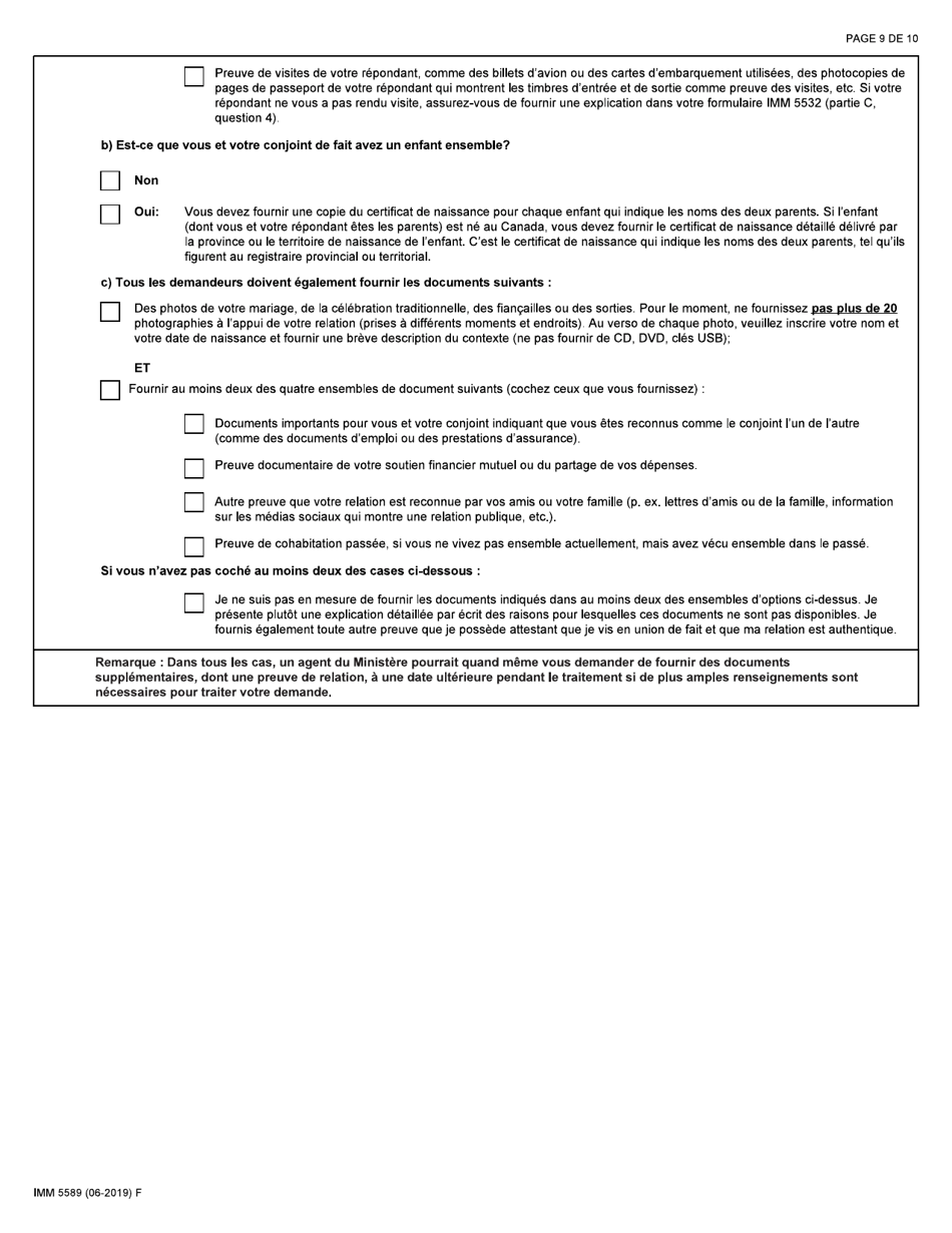 Forme IMM5589 Liste De Verification DES Documents - Conjoint De Fait (Incluant Les Enfants a Charge) - Canada (French), Page 9