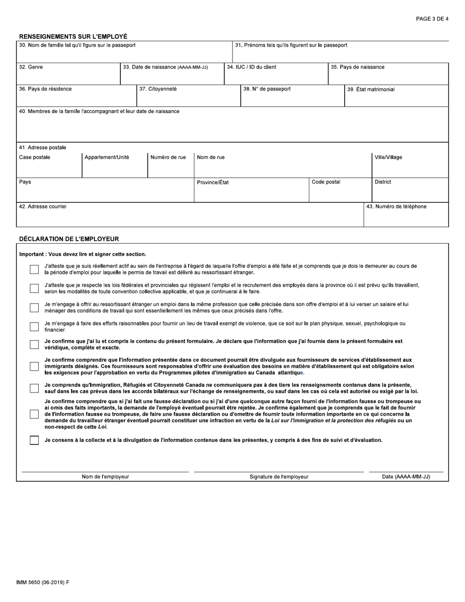 Forme IMM5650 Offre Demploi Presentee a Un Ressortissant Etranger - Programme Pilote Dimmigration Au Canada Atlantique - Canada (French), Page 3