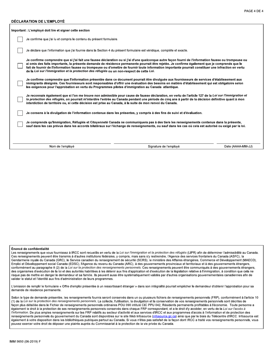 Forme IMM5650 Offre Demploi Presentee a Un Ressortissant Etranger - Programme Pilote Dimmigration Au Canada Atlantique - Canada (French), Page 4