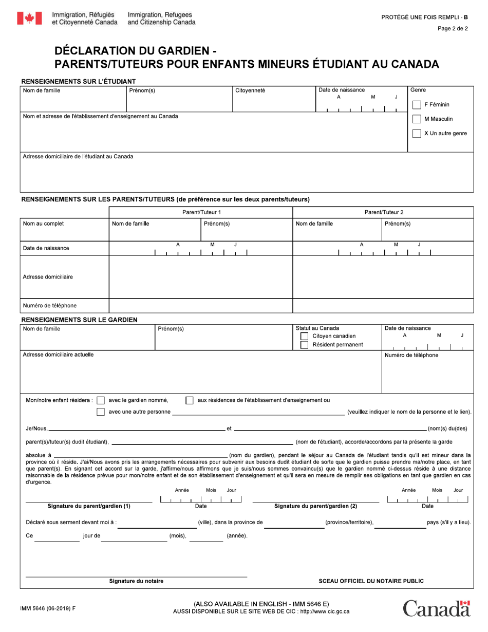 Forme IMM5646 Declaration Du Gardien - Parents / Tuteurs Pour Enfants Mineurs Etudiant Au Canada - Canada (French), Page 2