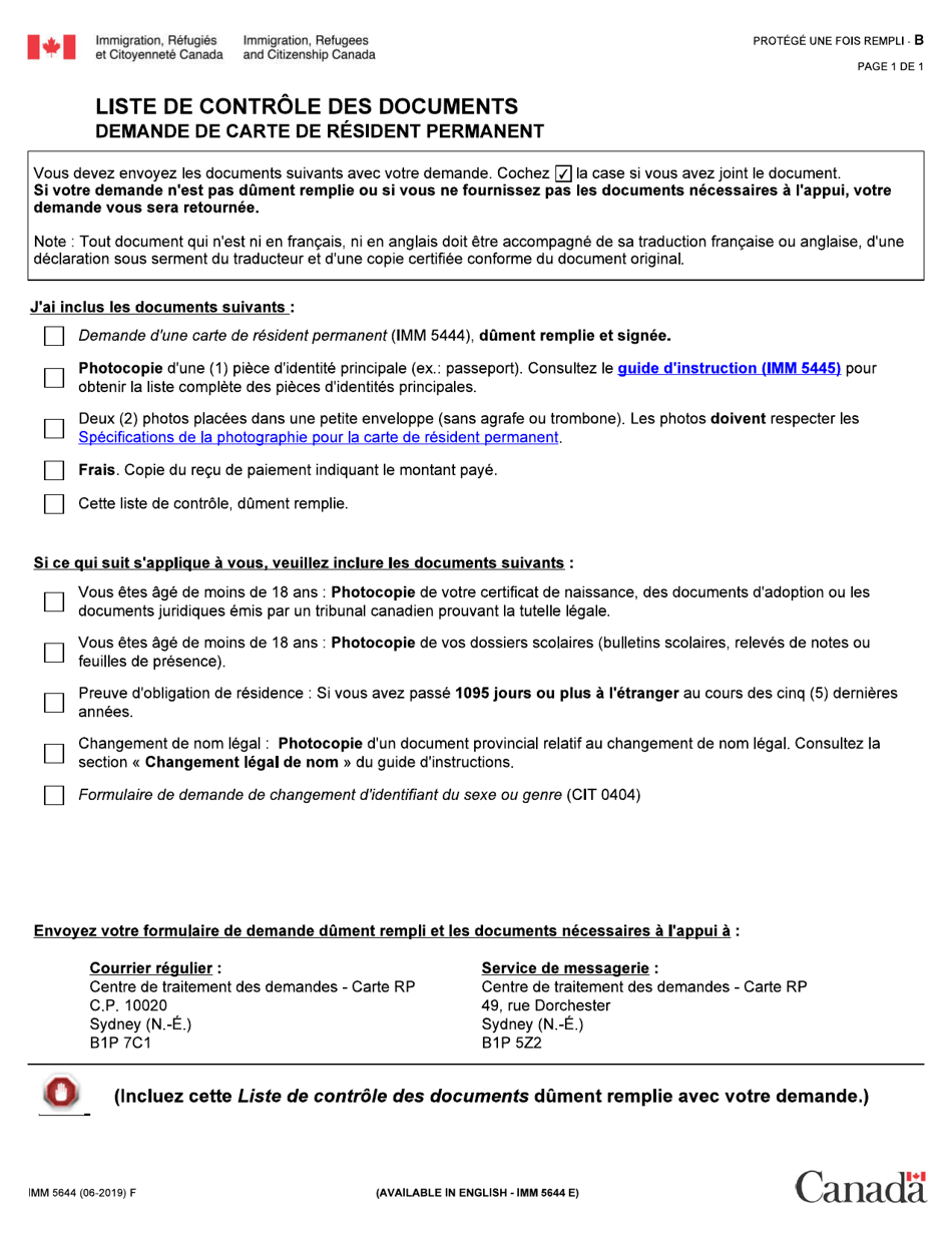 Forme IMM5644 Liste De Controle DES Documents Demande Dune Carte De Resident Permanent - Canada (French), Page 1