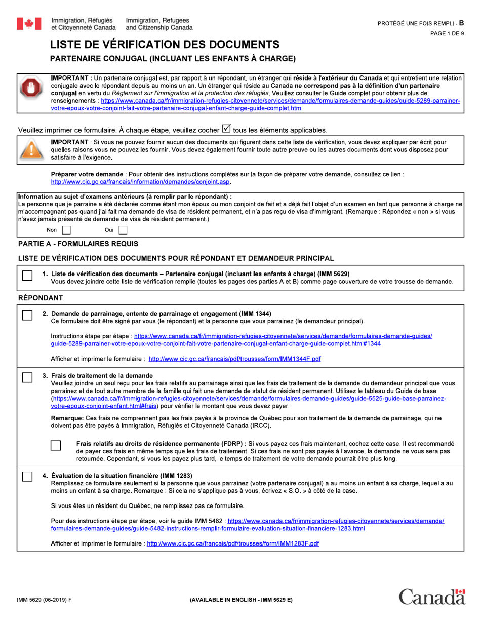 Forme IMM5629 Liste De Contrele DES Documents Partenaire Conjugal (Incluant Les Enfants a Charge) - Canada (French), Page 1