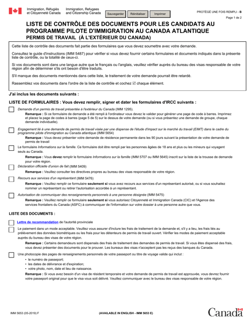 Forme IMM5653 Liste De Controle DES Documents Pour Les Candidats Au Programme Pilote D'immigration Au Canada Atlantique Permis De Travail (A L'exterieur Du Canada) - Canada (French)