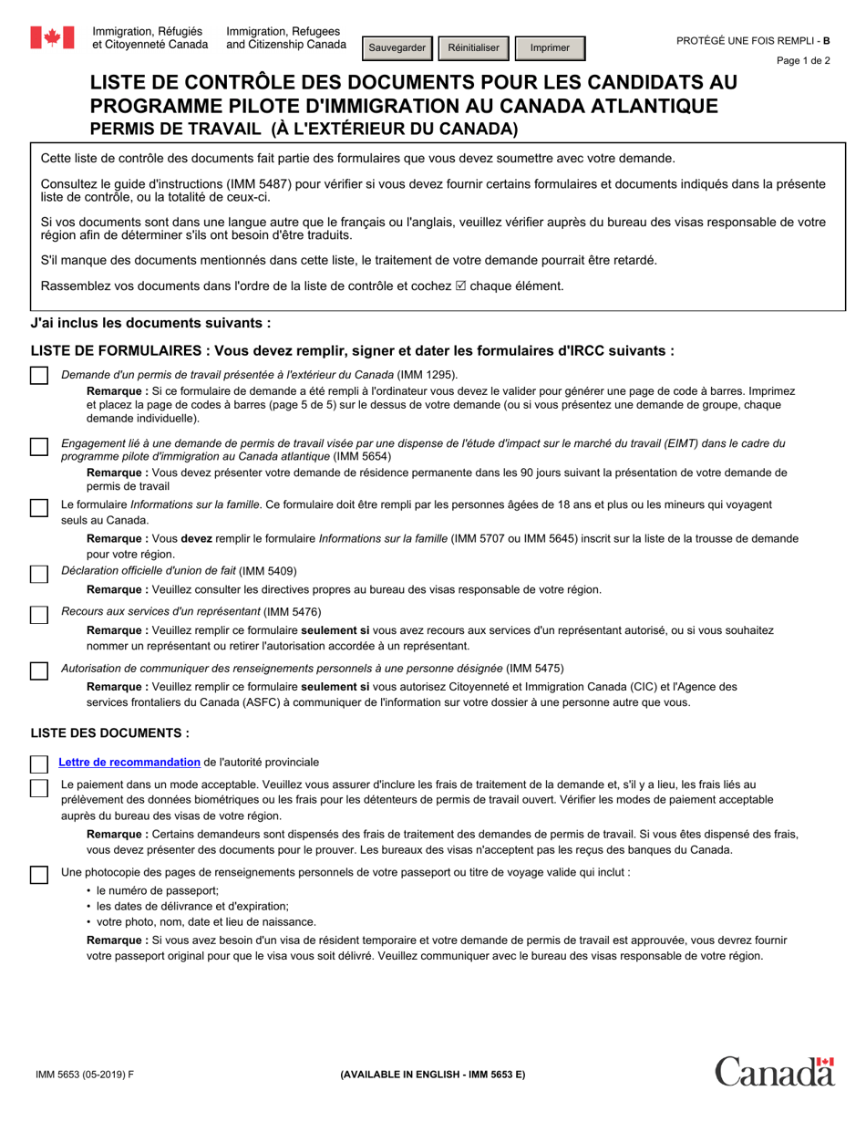 Forme Imm5653 Download Fillable Pdf Or Fill Online Liste De Controle Des Documents Pour Les Candidats Au Programme Pilote D Immigration Au Canada Atlantique Permis De Travail A L Exterieur Du Canada Canada French
