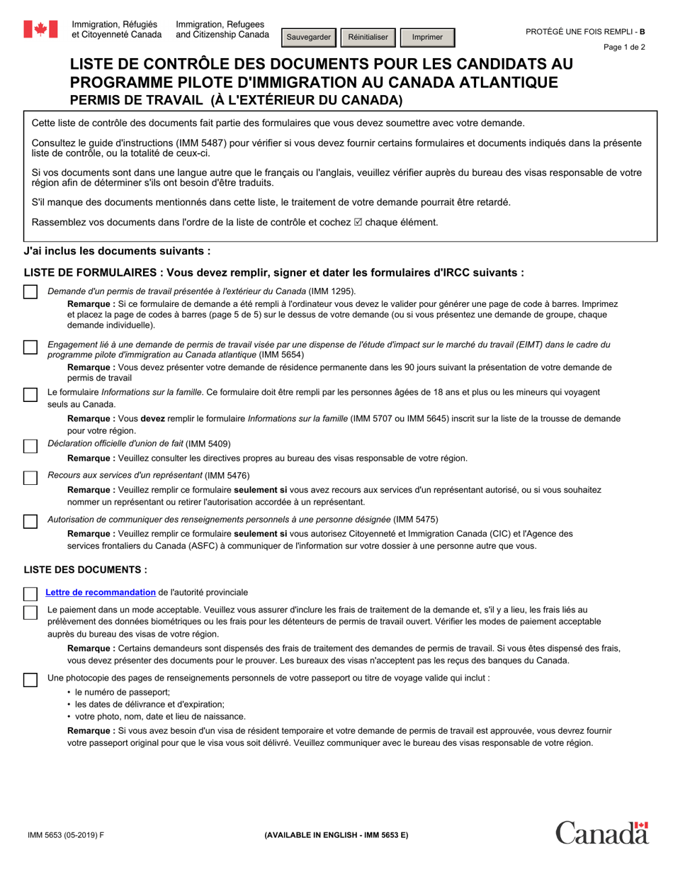 Forme IMM5653 Liste De Controle DES Documents Pour Les Candidats Au Programme Pilote Dimmigration Au Canada Atlantique Permis De Travail (A Lexterieur Du Canada) - Canada (French), Page 1