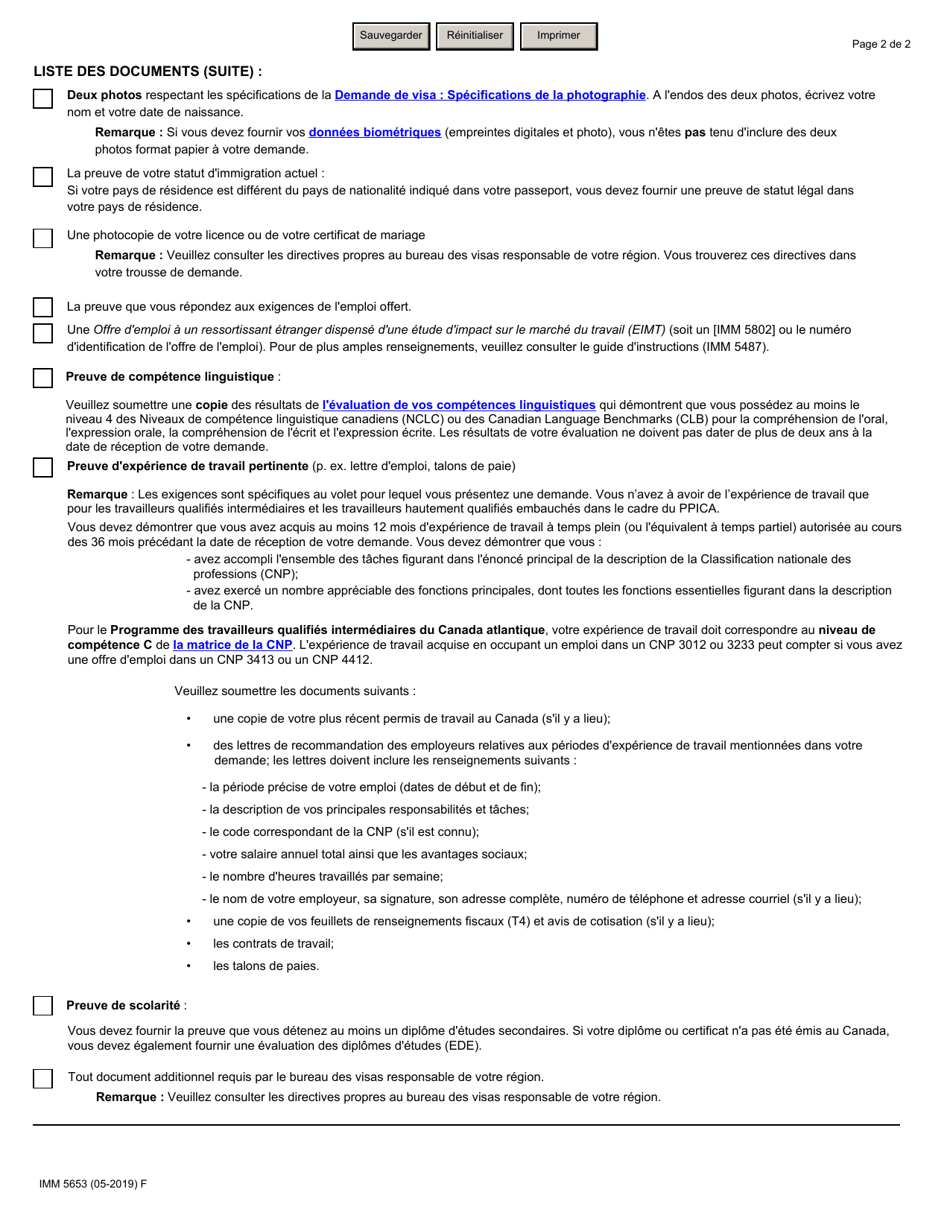Forme IMM5653 Liste De Controle DES Documents Pour Les Candidats Au Programme Pilote Dimmigration Au Canada Atlantique Permis De Travail (A Lexterieur Du Canada) - Canada (French), Page 2