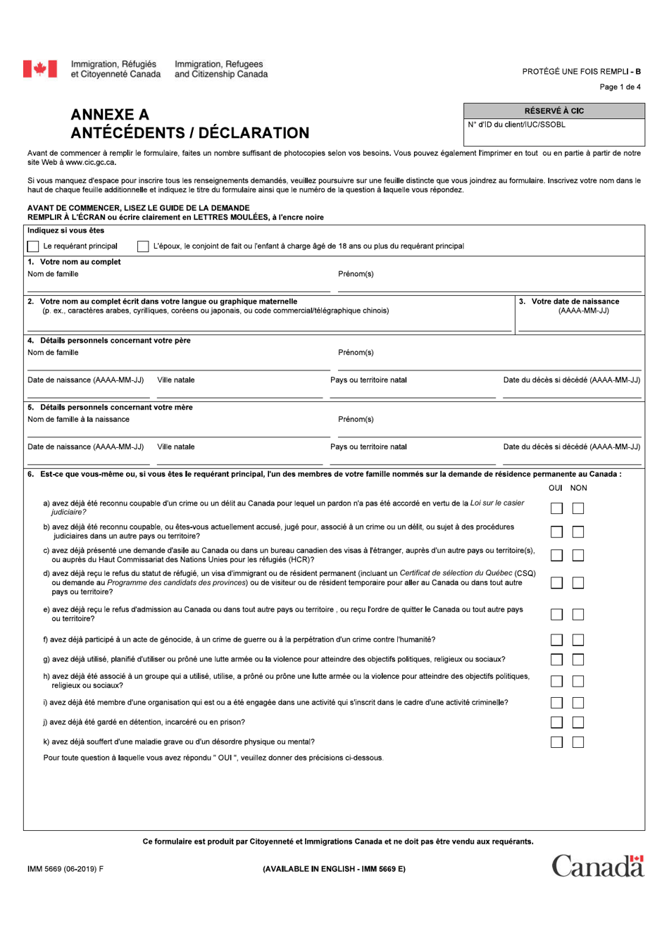 Forme IMM5669 Supplement A Antecedents / Declaration - Canada (French), Page 1